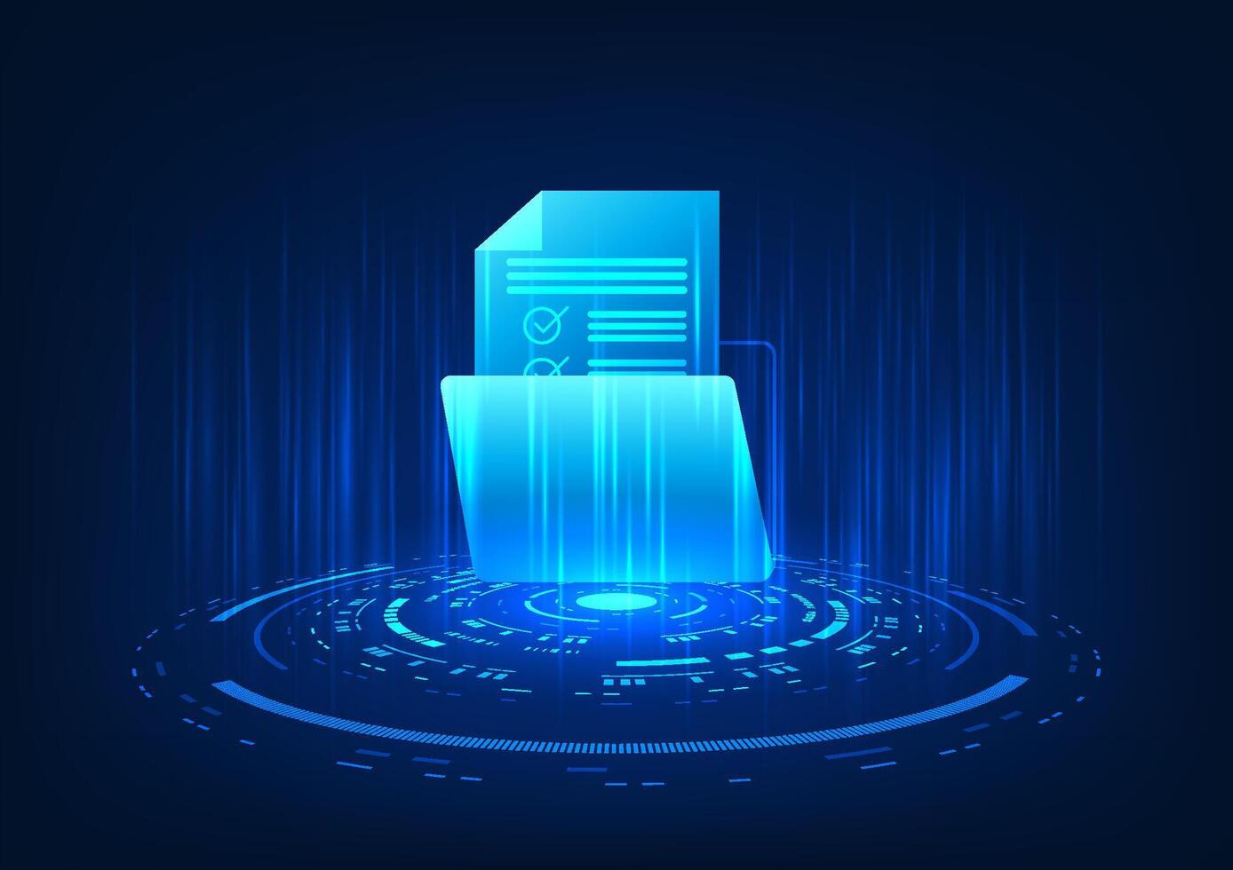 Hologram image of a digital storage technology document file projected, showing a digital document file stored on a secure Internet-based server. vector
