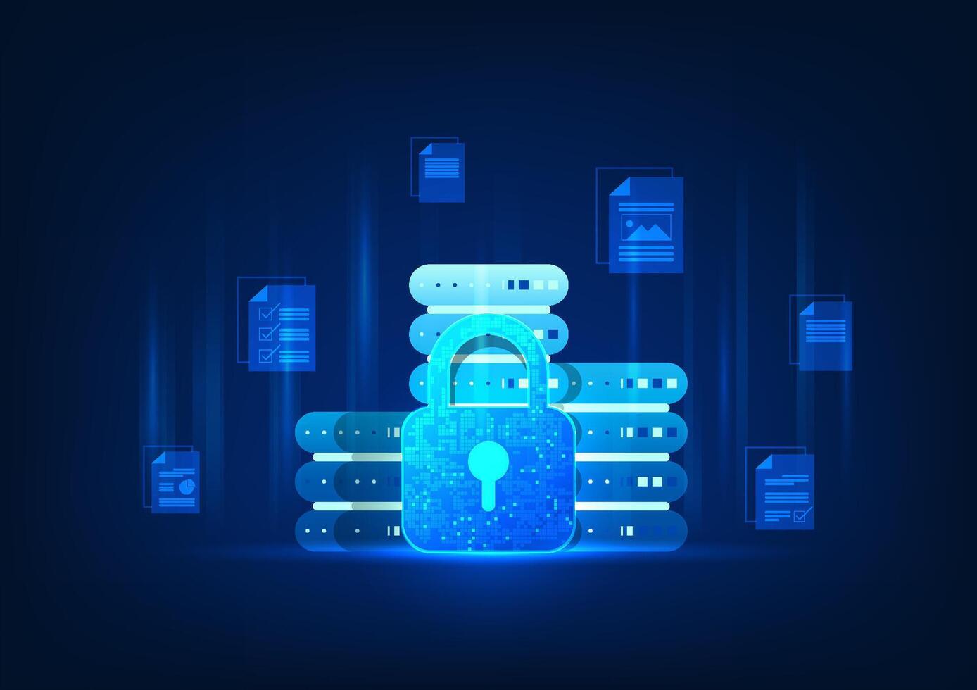 Background of the technology server with a security system is a lock in front of the important document files. It is a storage of important information within the company via the Internet. vector