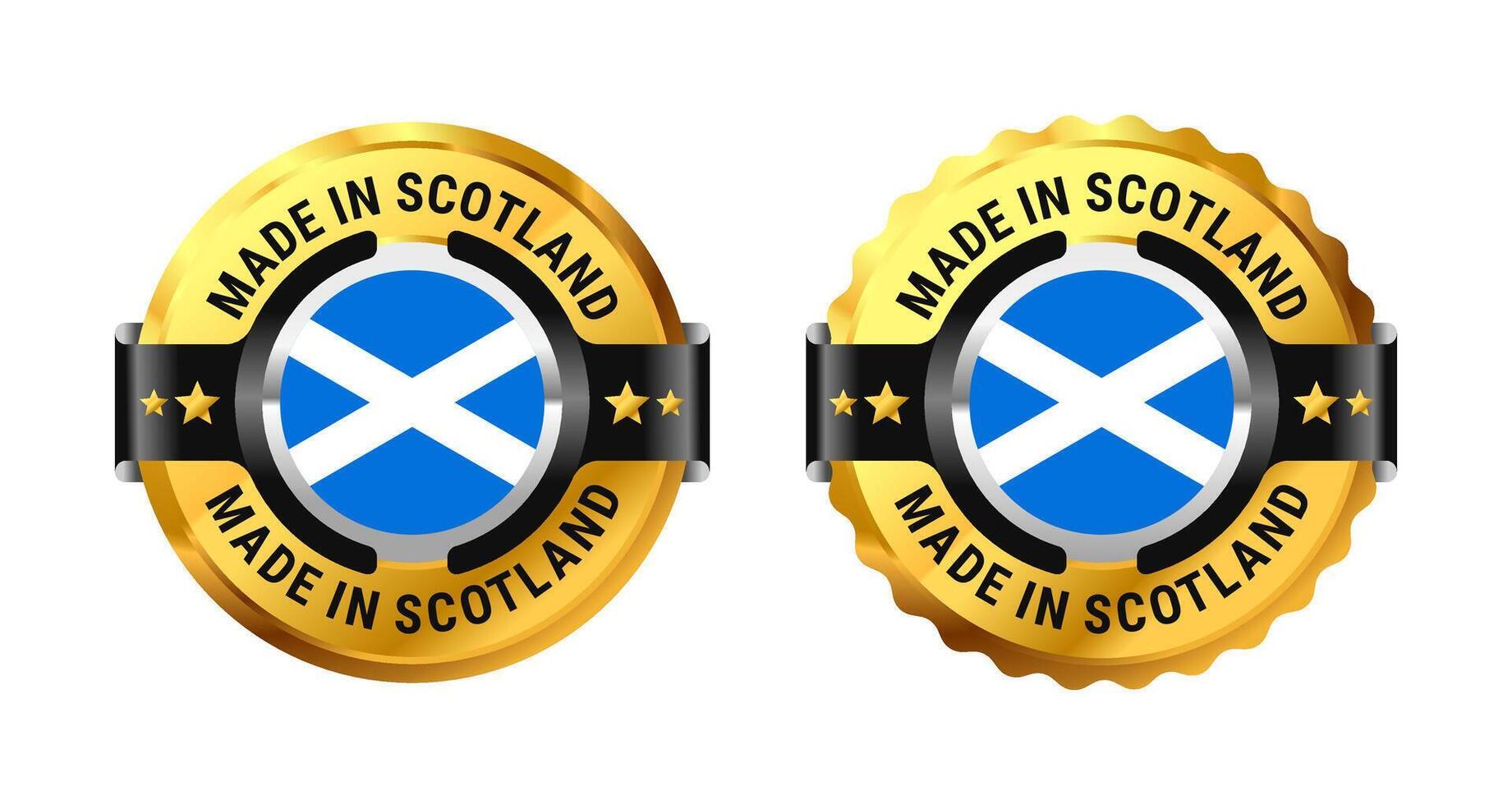 Made in Scotland icon a gold circle with a picture of a flag in the middle. For icon, logo, label, insigna, seal, tag, sign, seal, symbol, badge, stamp, sticker, emblem, banner. Illustration vector