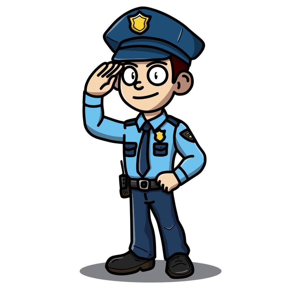 A cartoon illustration of a friendly police officer in uniform giving a salute. Perfect for themes related to law enforcement, public service, respect, and community engagement. vector