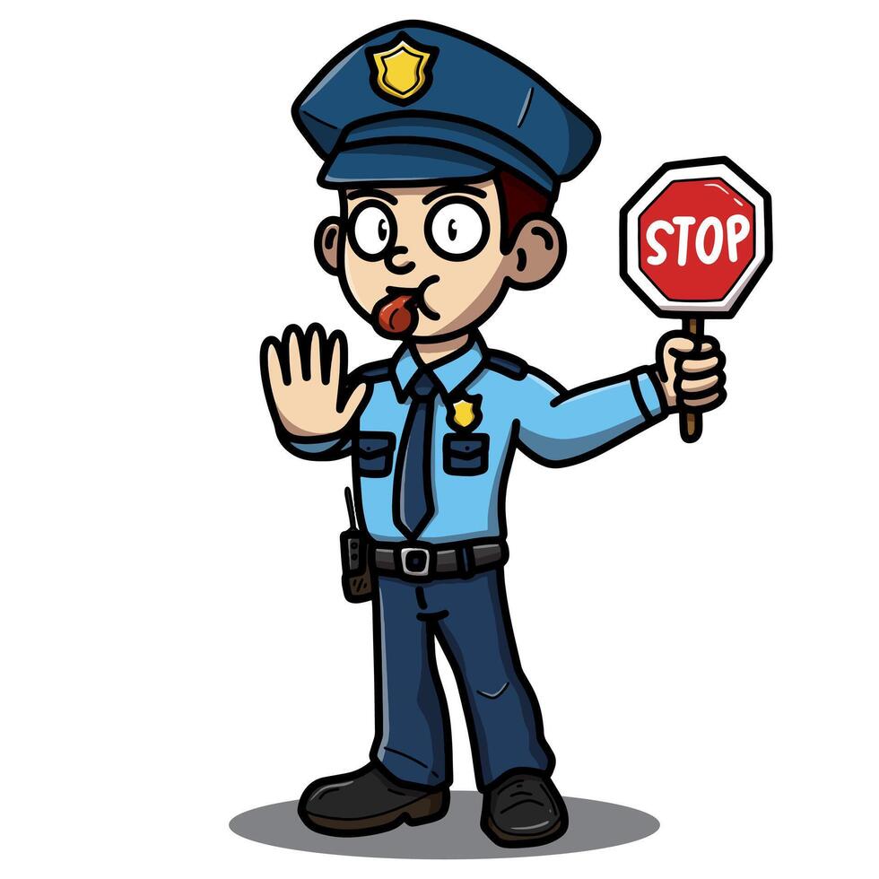 Cartoon policeman character holding a stop sign and raising his hand, signaling to halt. Dressed in a blue uniform with a badge and cap, conveying authority and attentiveness. Ideal for safety themes. vector