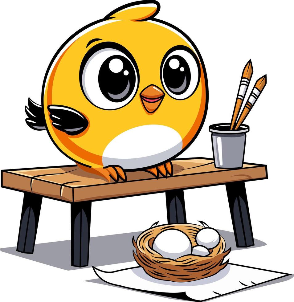 Kawaii finch building a nest and painting, natural and artistic artwork illustrator vector