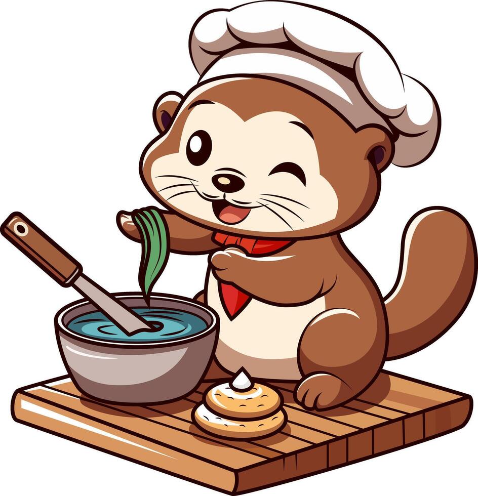 Adorable Otter Chef Cooking in the Kitchen - Kawaii otter with a miniature chef's hat and a mixing bowl illustration vector