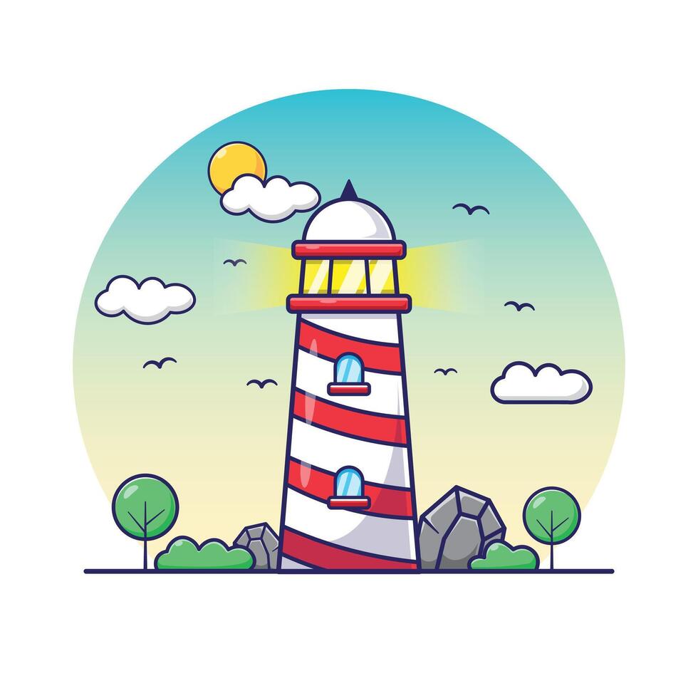Landscape nature scenery of lighthouse tower building architecture landmark object illustration. famous pacific ocean place vector