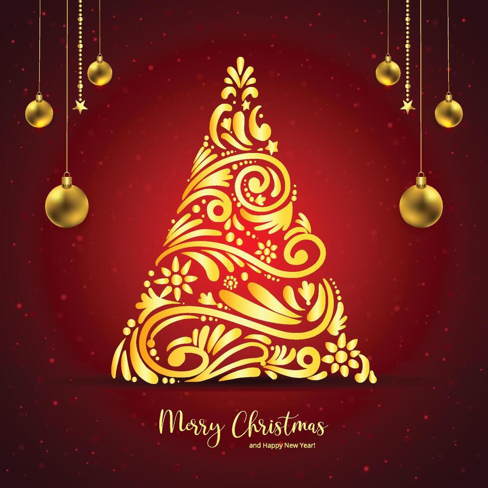 Artistic beautiful christmas golden tree celebration card on red background vector