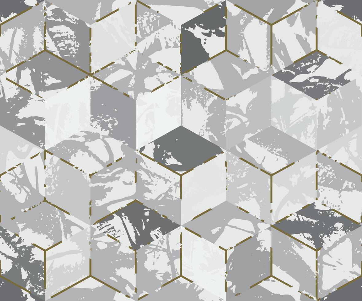 Grunge strokes geometrical cube camouflage print. Flooring mosaic marble tile design. Paint hexagon camo military pattern. White gold shade color, fashionable, fabric. Seamless urban texture vector
