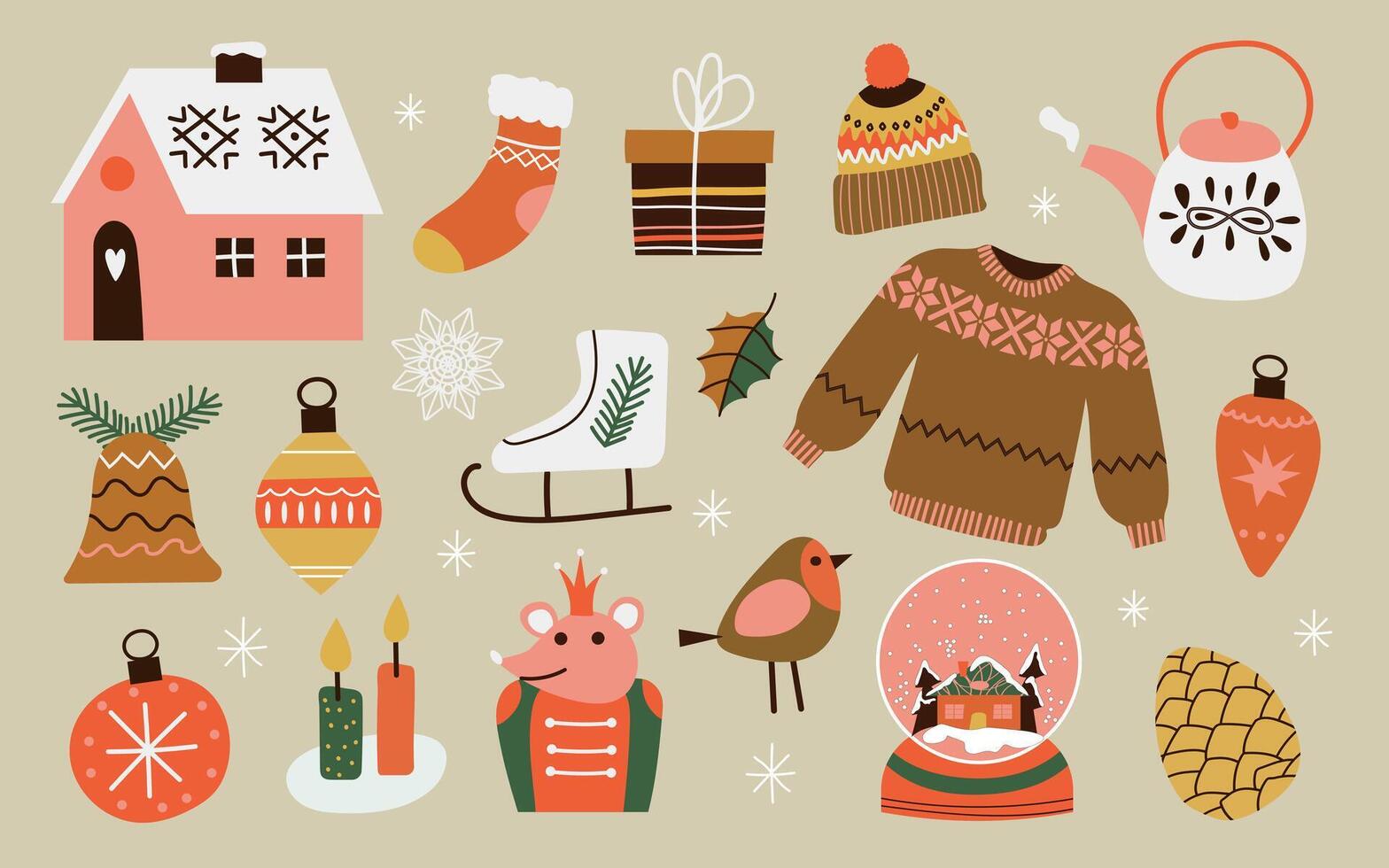 Set with Christmas illustrations. Gifts, house, Christmas tree, rat king, Christmas decorations, sweater, pine cone, candles, hat, skates, bird, cloud. New year's decoration elements. vector