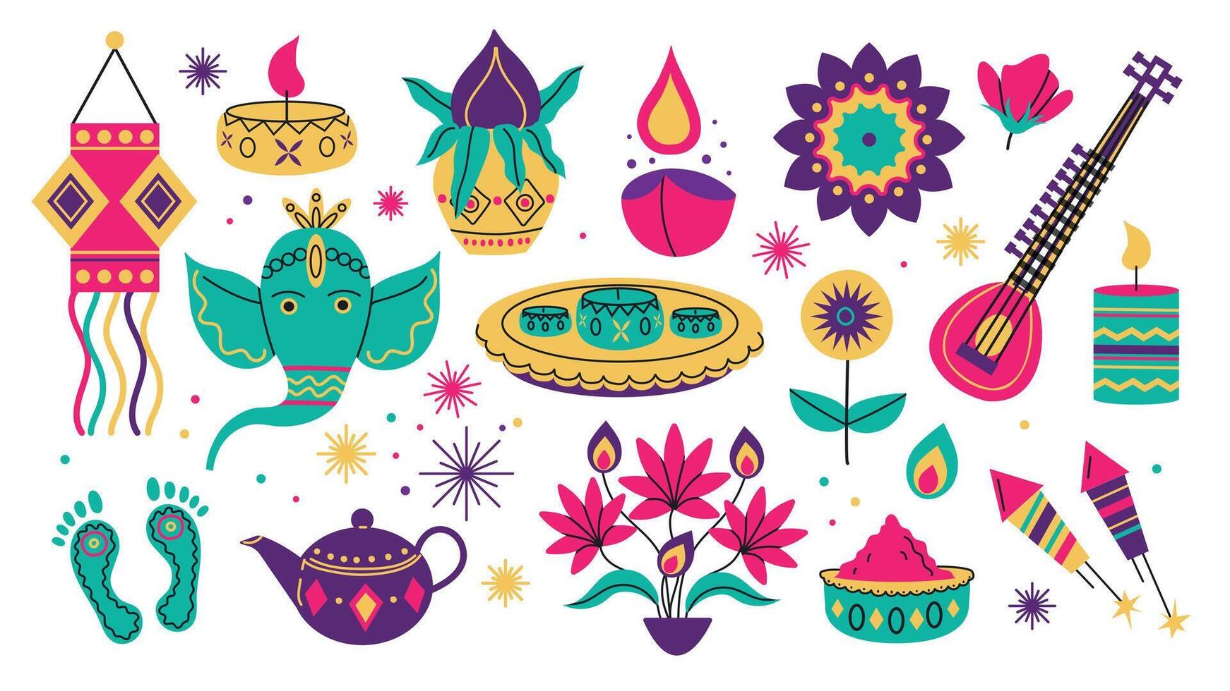 Set of Diwali elements for festive decor. Traditional Indian festival of Diwali lights. Illustration Iin flat style on a white background. vector
