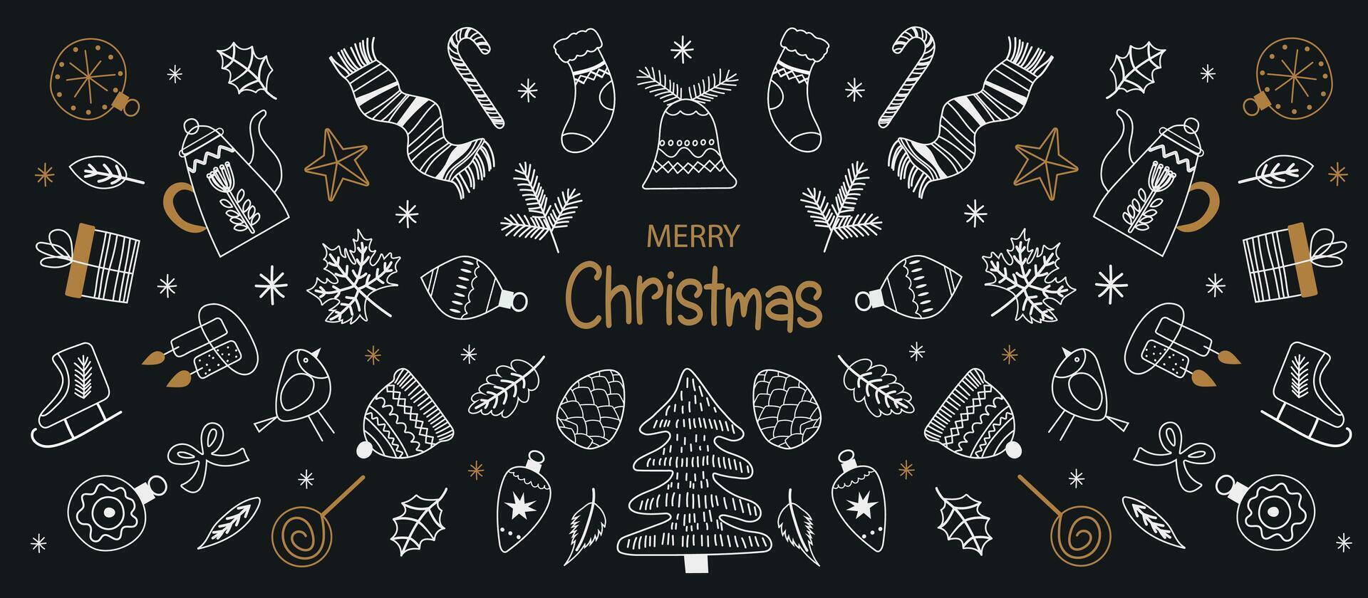 Hand drawn doodle sketch christmas elements. Holiday ornament, rustic wreath sketch doodle. Winter banner. Sketch art for holiday greetings cards. Black background, white and golden graphic. vector