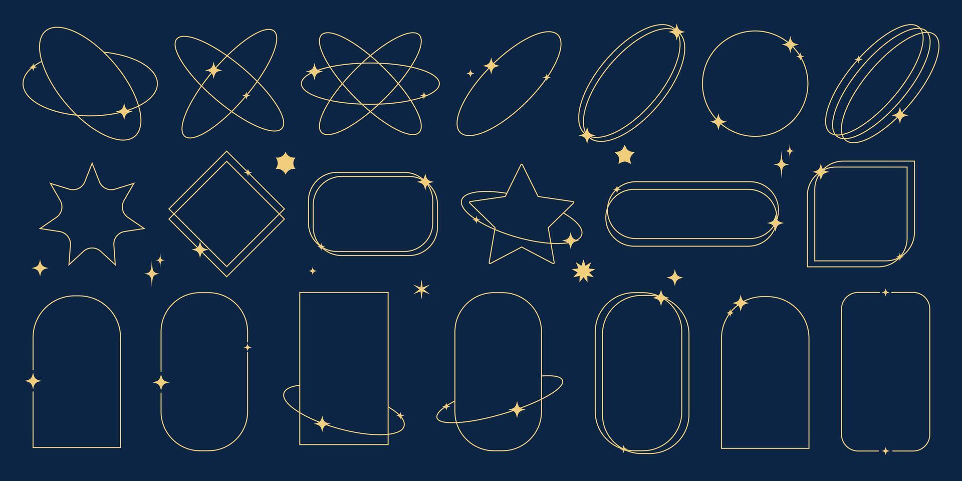 Modern aesthetic minimalist linear arch with different geometric shapes. Trendy linear frames with stars, geometric. Line elements set. Arch frame with sparkles for social media or poster design. vector