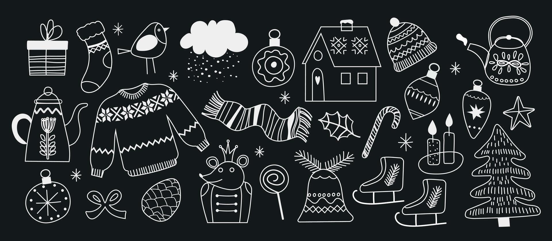 Merry christmas and happy new year cute doodle element background. Hand drawn design with christmas bauble ball, hat, sock, skates, Christmas tree decorations. Illustration for banner, wallpaper, deco vector