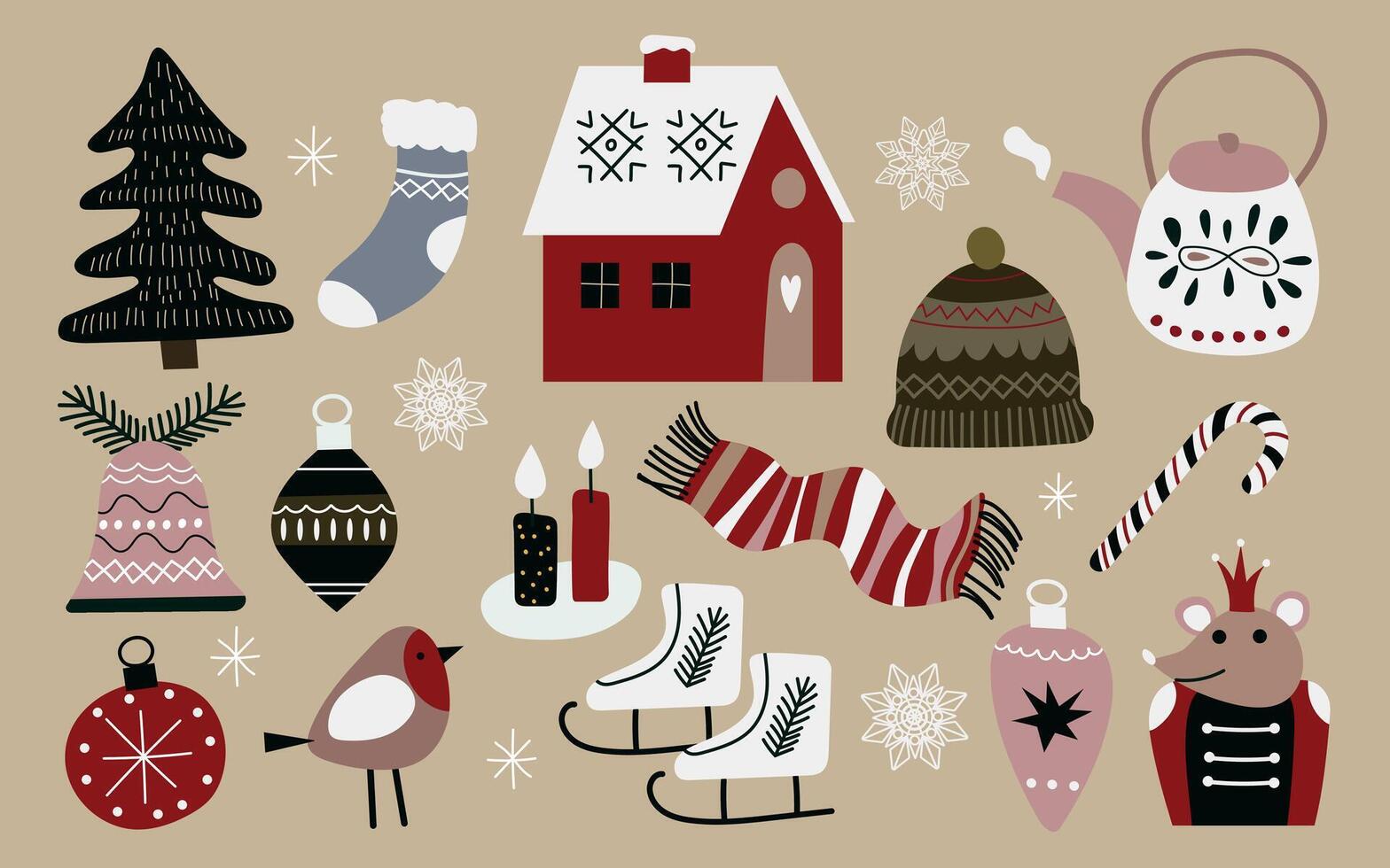 Cute set with Christmas illustrations in Scandinavian style. Gifts, Christmas tree, House, Rat king, Scarf, Christmas decorations, Candles, Hat, Skates. New year's decoration elements. vector