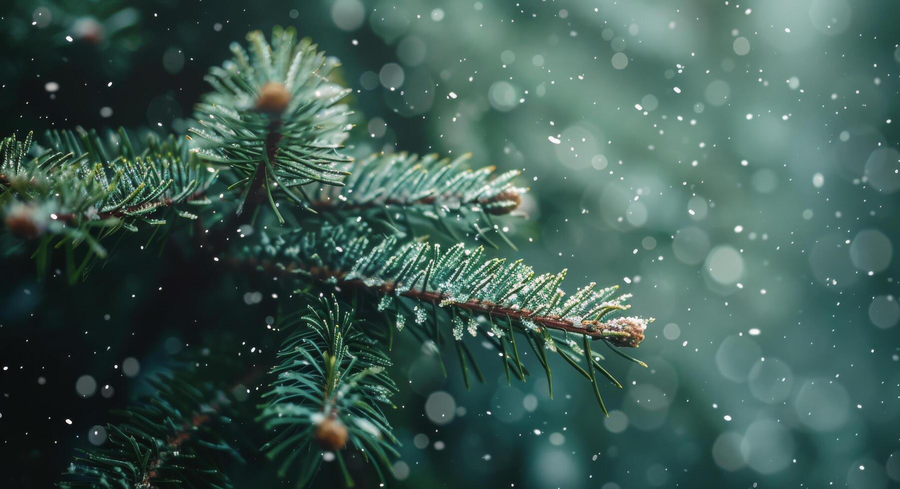 Close Up Of Snow Falling On Pine Tree Branches In Winter photo