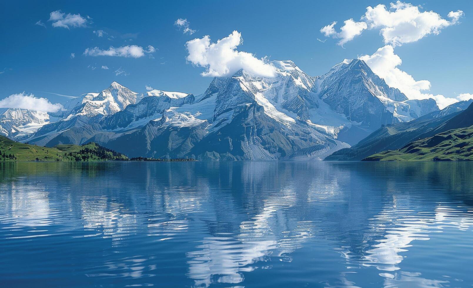 Picturesque Swiss Alps Lake Reflection On Sunny Day photo