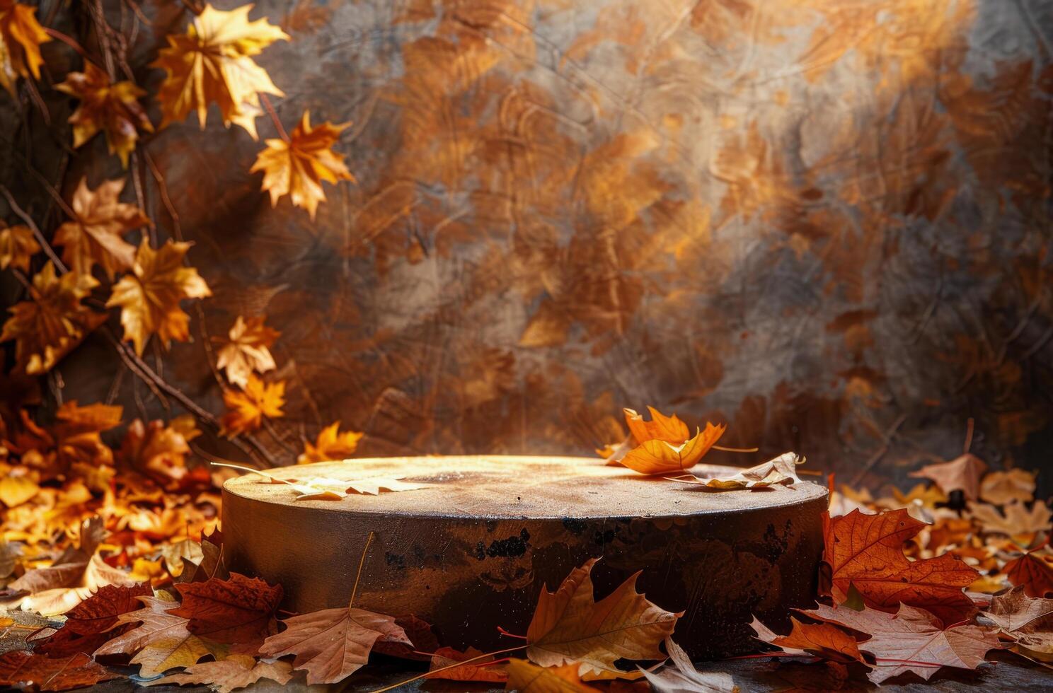 Autumnal Wooden Platform Surrounded by Fallen Leaves photo