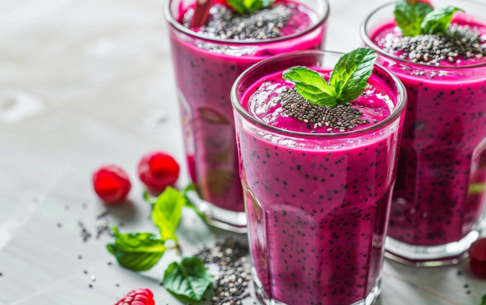 Two Glasses of Raspberry Chia Seed Smoothie With Fresh Mint photo