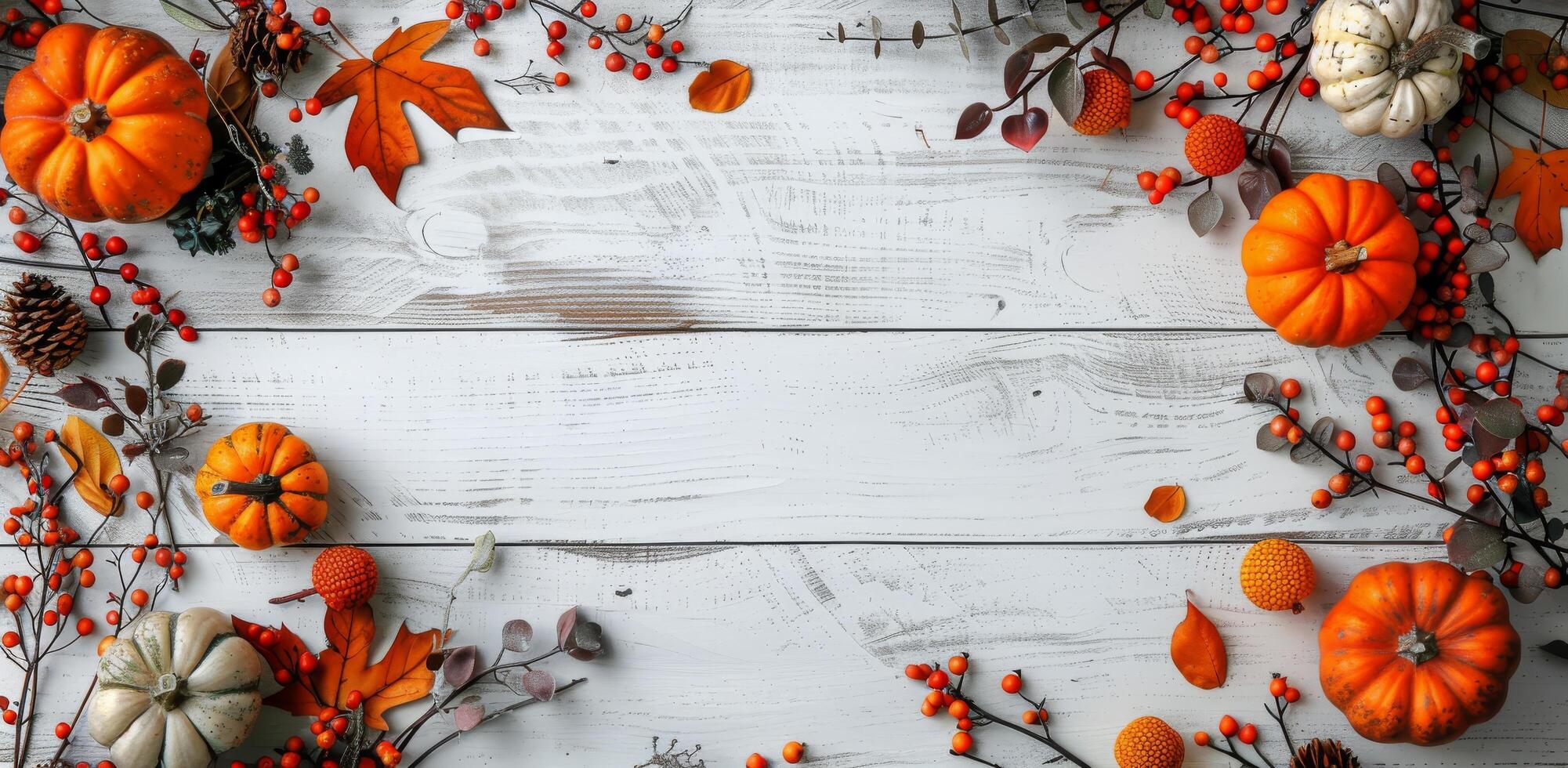 Whitewashed Wooden Plank Background With Fall Foliage and Pumpkins photo