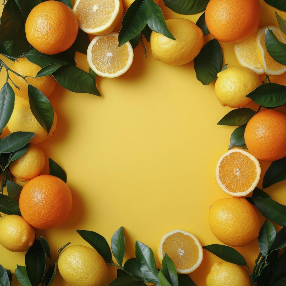 A colorful arrangement of citrus fruits and leaves on a vibrant yellow background photo