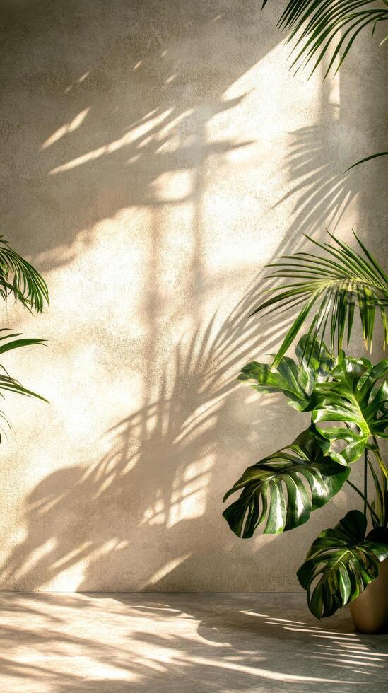 Lush green plant casting shadows on a textured golden wall in a bright indoor setting photo