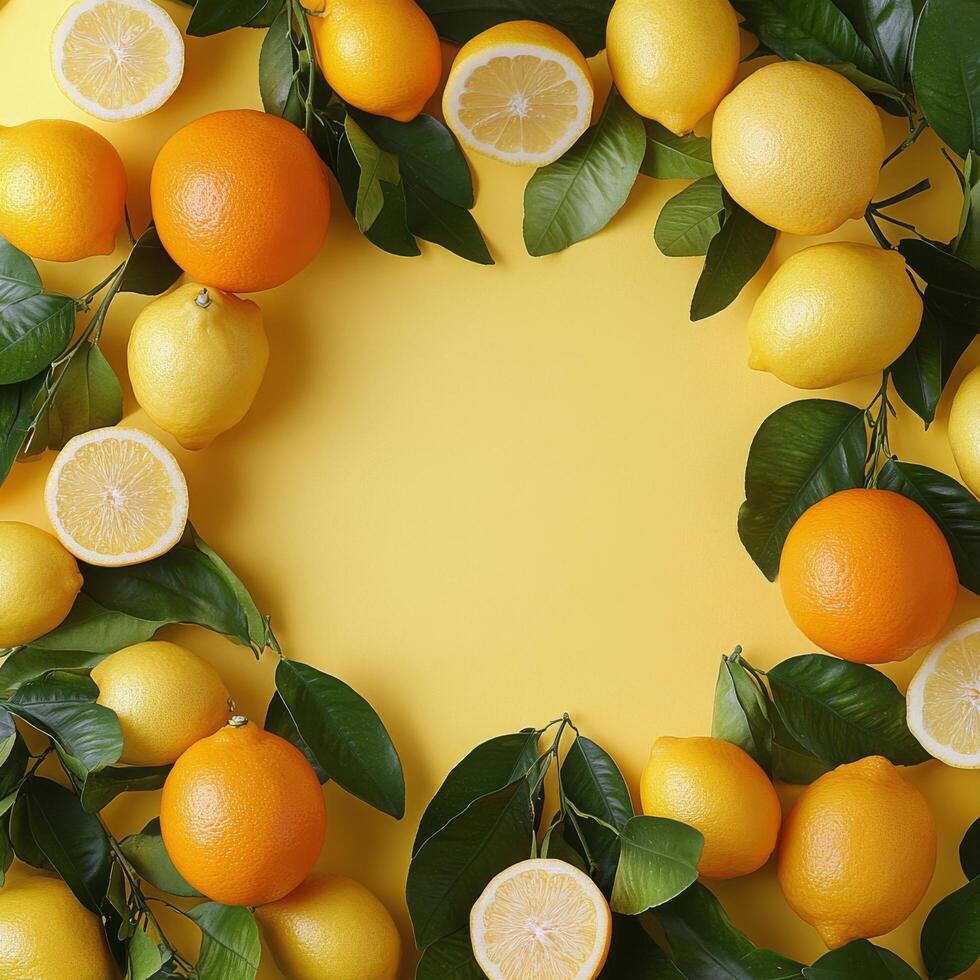 A colorful arrangement of citrus fruits and leaves on a vibrant yellow background photo