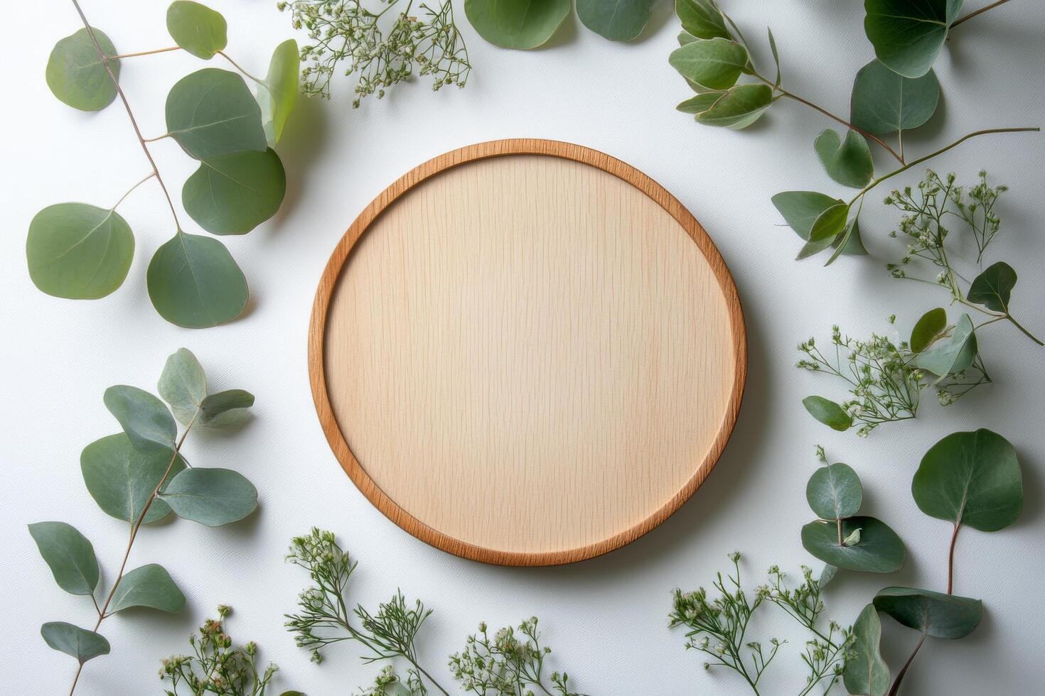 A simple wooden circle surrounded by delicate greenery on a white background photo