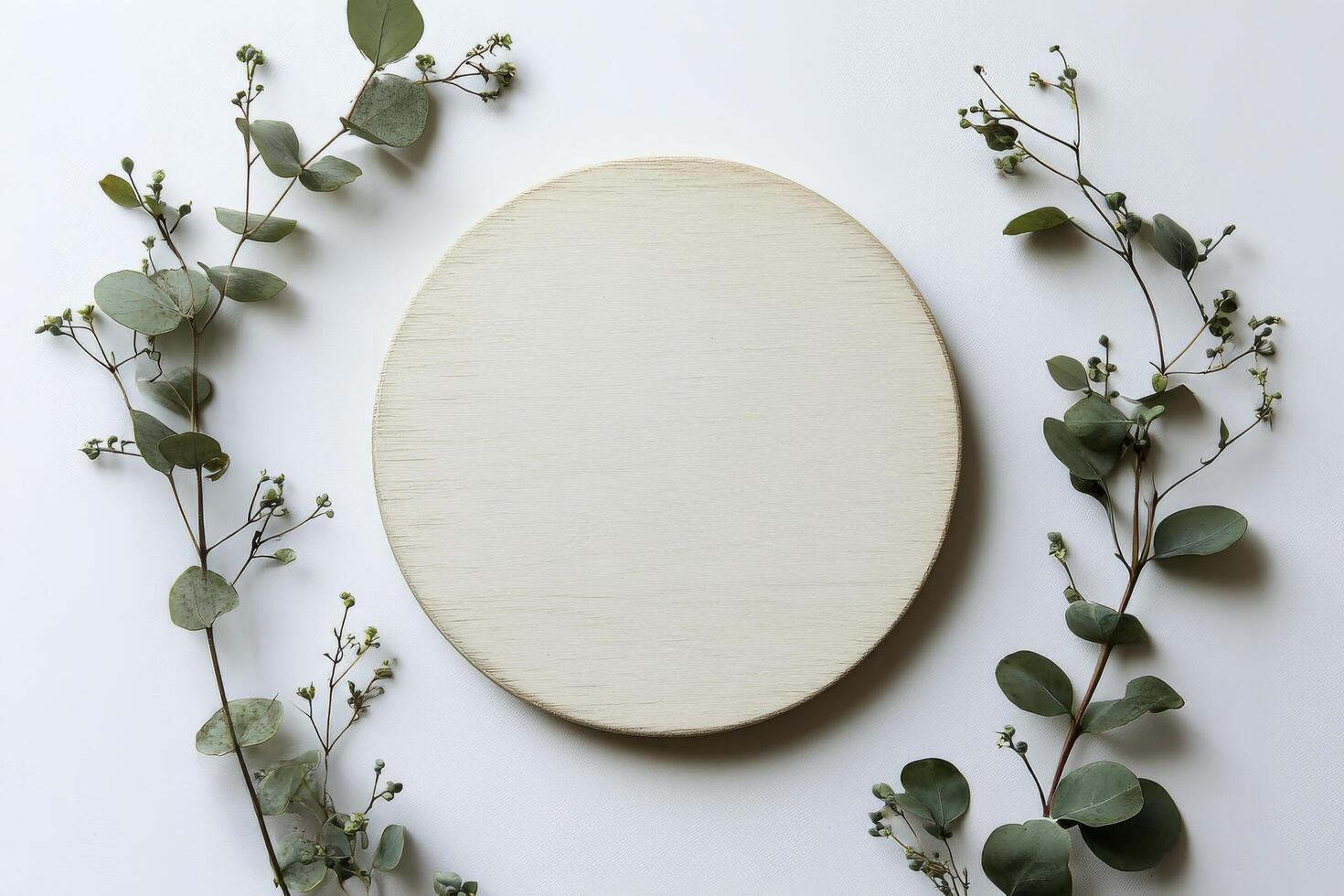 A simple wooden circle surrounded by delicate greenery on a white background photo