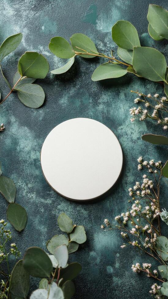 A simple round white plate surrounded by fresh greenery and delicate flowers on a textured surface photo