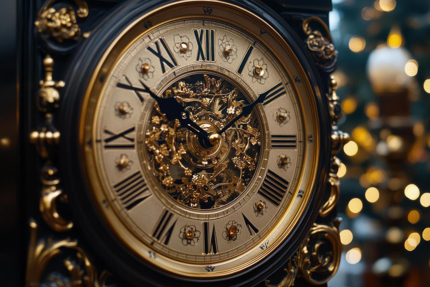 A close view of an ornate vintage clock showcasing intricate details and golden accents photo
