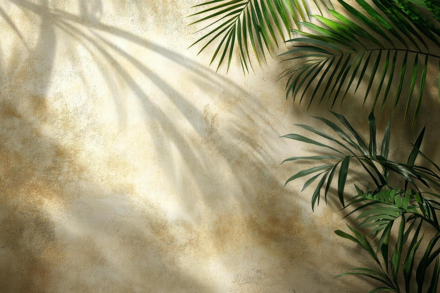 Green palm leaves create a tropical backdrop against a textured golden wall in warm lighting photo