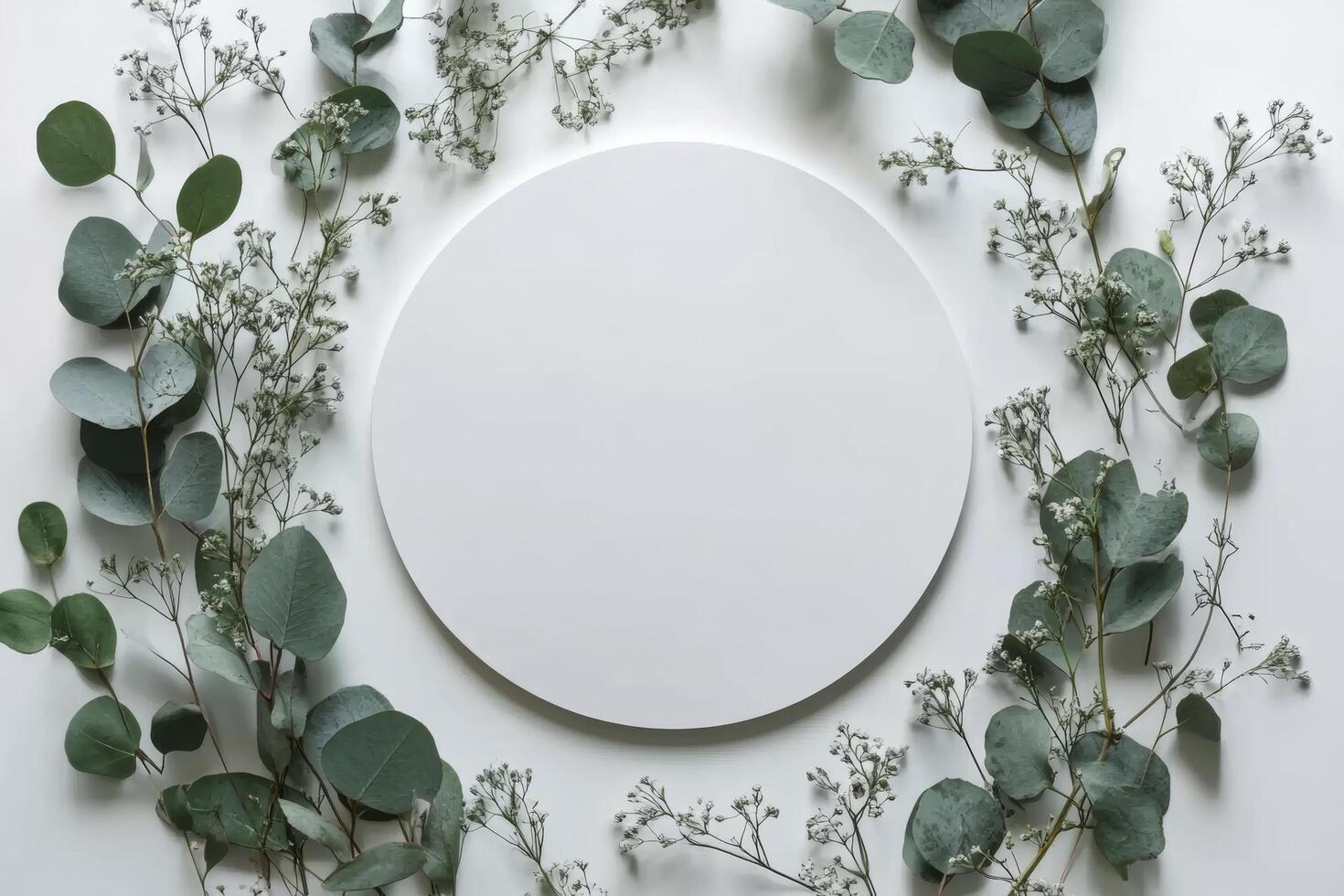 A simple wooden circle surrounded by delicate greenery on a white background photo