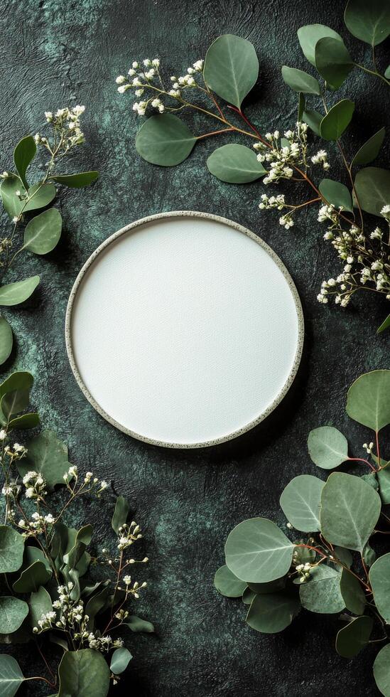 A simple round white plate surrounded by fresh greenery and delicate flowers on a textured surface photo