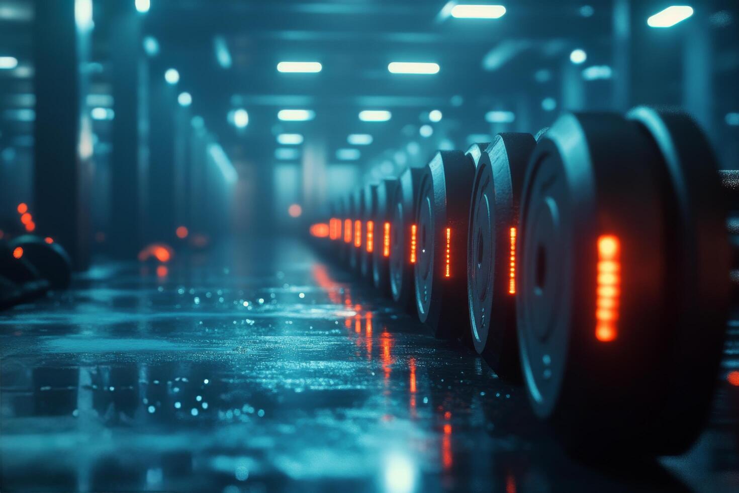 Dumbbells lined up in a dimly lit gym with blue and orange lighting effects in the evening photo