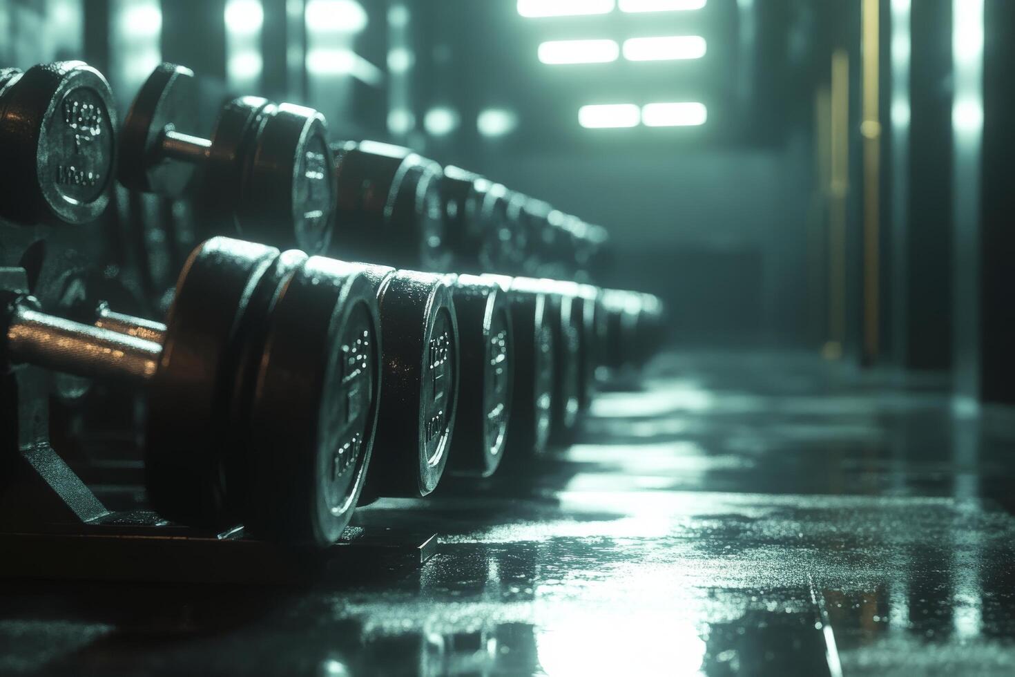 Dumbbells lined up in a dimly lit gym with blue and orange lighting effects in the evening photo