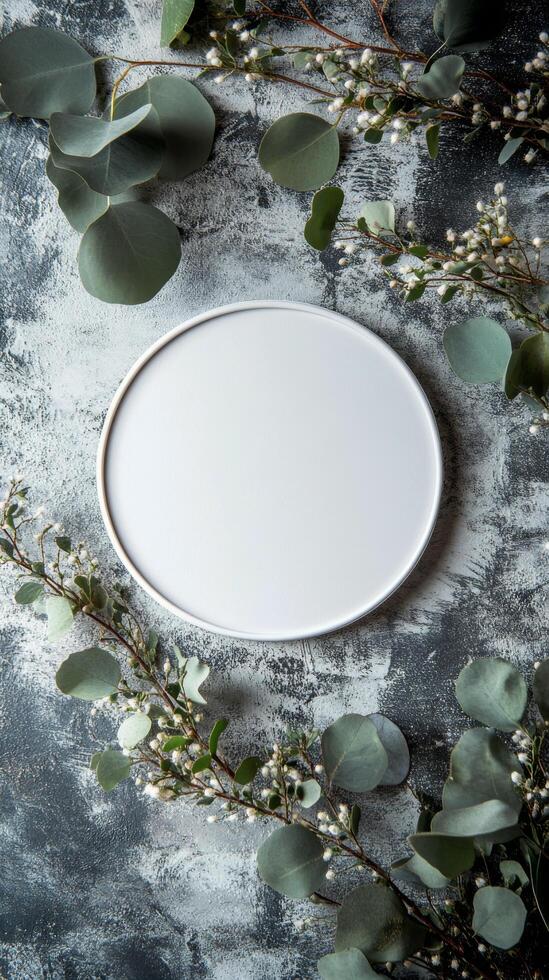 A simple round white plate surrounded by fresh greenery and delicate flowers on a textured surface photo