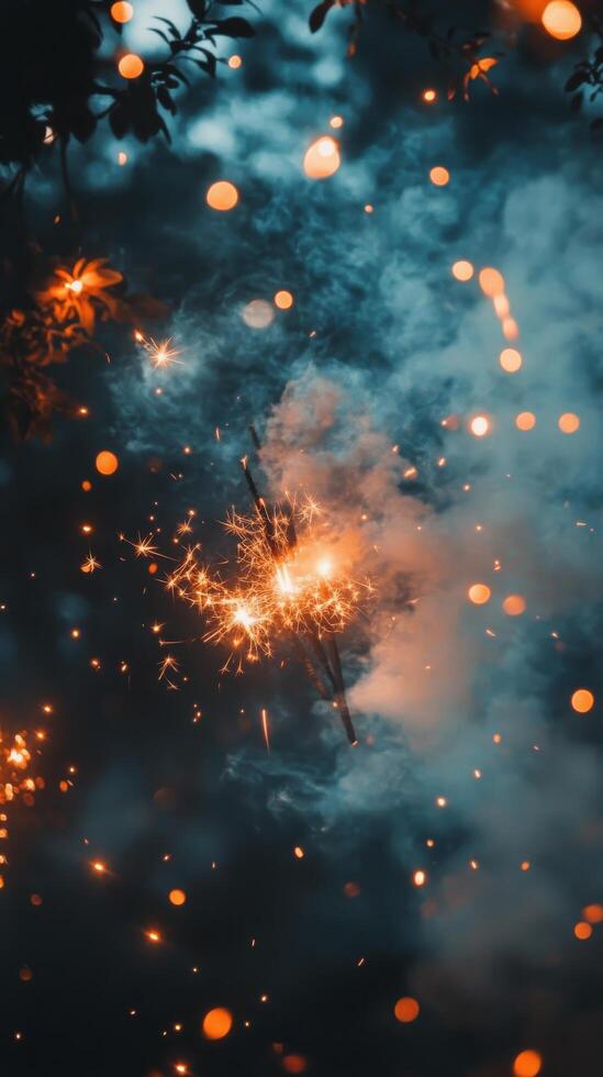 Sparkler glowing brightly during nighttime celebration with colorful bokeh lights in background photo