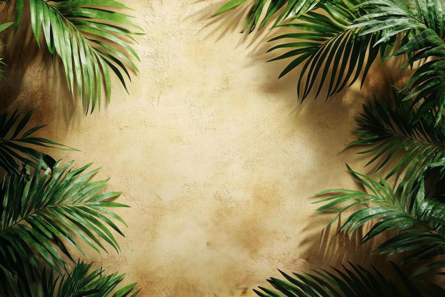 Green palm leaves create a tropical backdrop against a textured golden wall in warm lighting photo