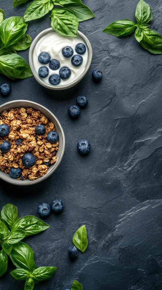 Fresh yogurt topped with granola and basil alongside blueberries on a dark textured surface photo