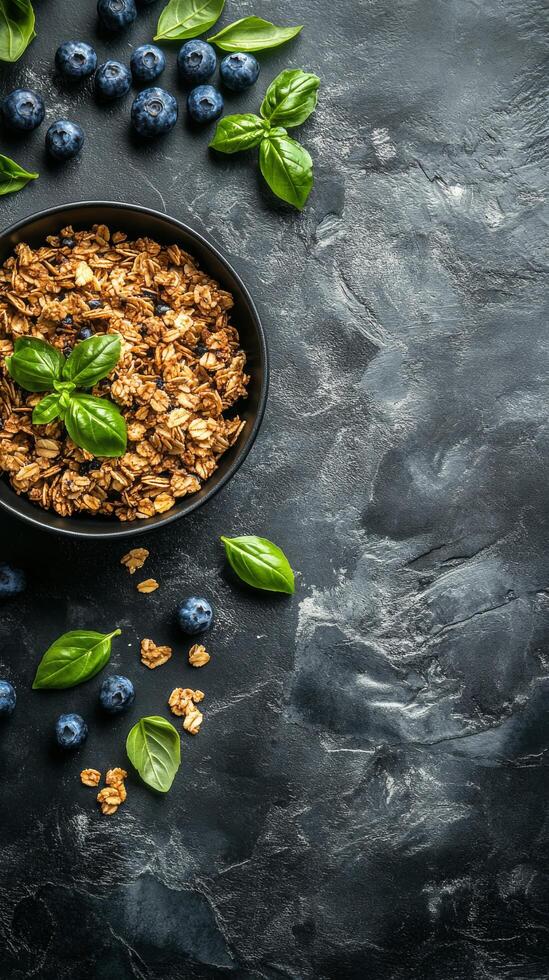 Fresh yogurt topped with granola and basil alongside blueberries on a dark textured surface photo