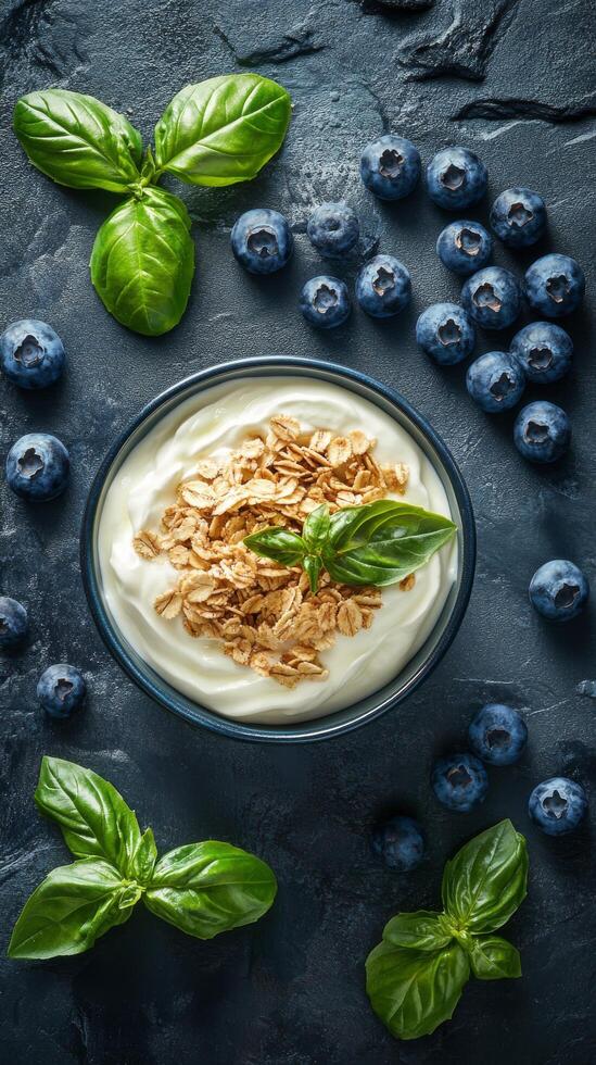 Fresh yogurt topped with granola and basil alongside blueberries on a dark textured surface photo