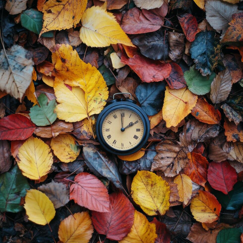An alarm clock surrounded by colorful autumn leaves showcasing the arrival of fall photo