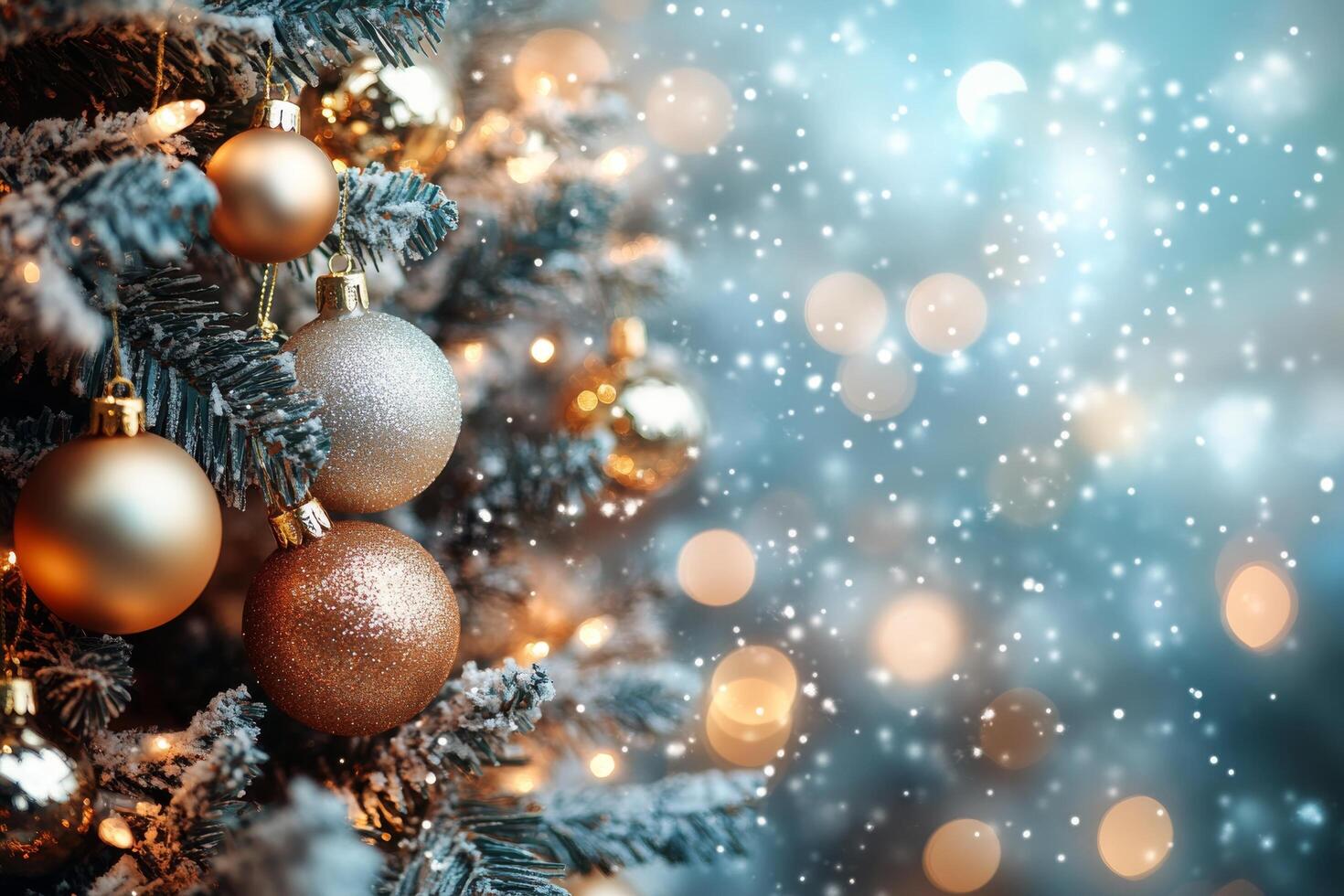 Beautifully decorated Christmas tree with colorful ornaments and soft glowing lights during winter photo