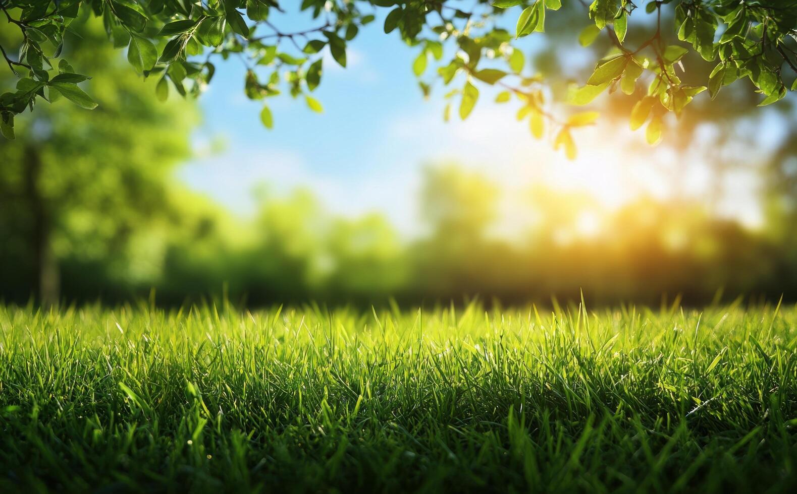 Sunny grass field under tree canopy with soft green leaves during afternoon light photo