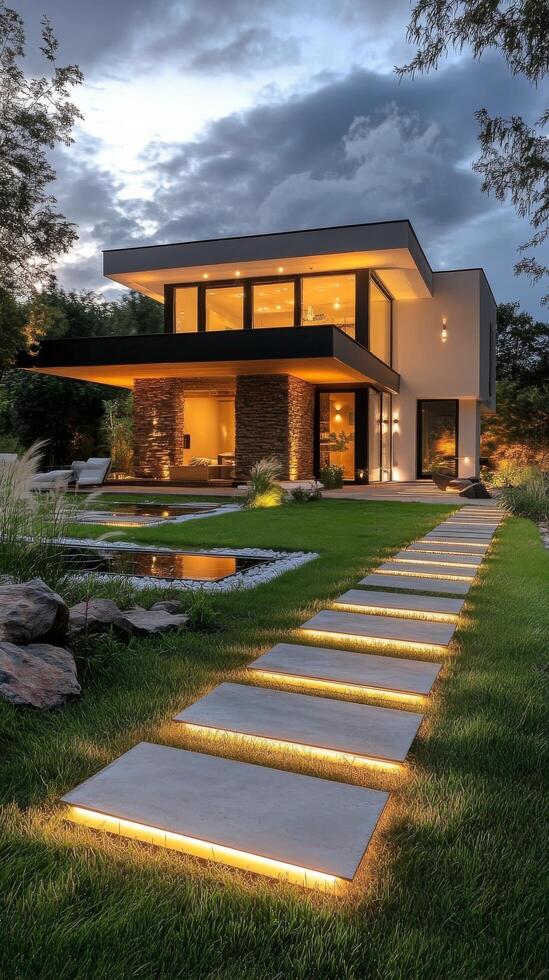 Elegant garden pathway illuminated by warm lights during a serene evening at a modern home photo