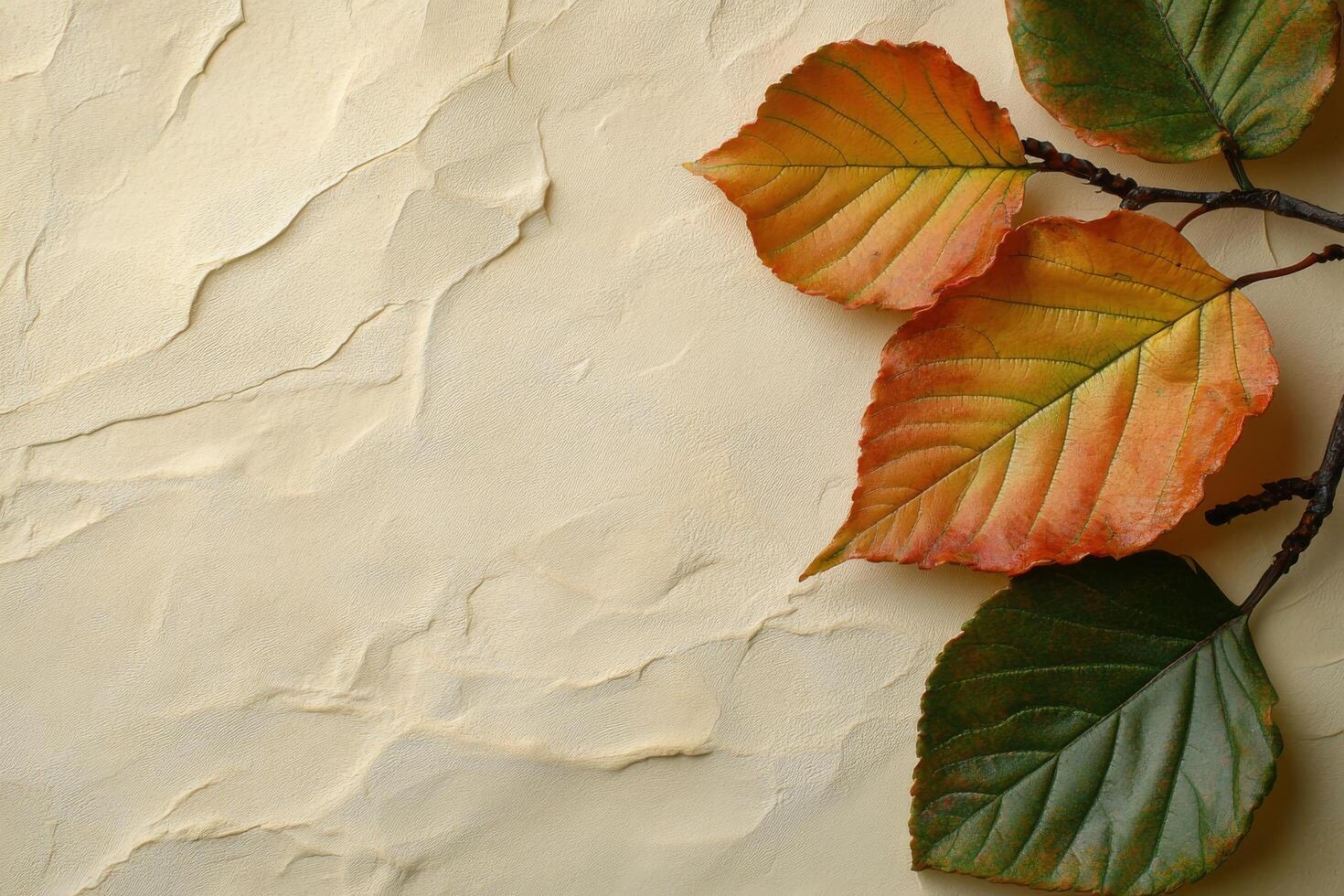 Autumn leaves arranged on a textured surface creating a seasonal decoration photo