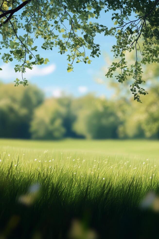 Serene green meadow in spring with blossoming trees and gentle sunlight filtering through photo