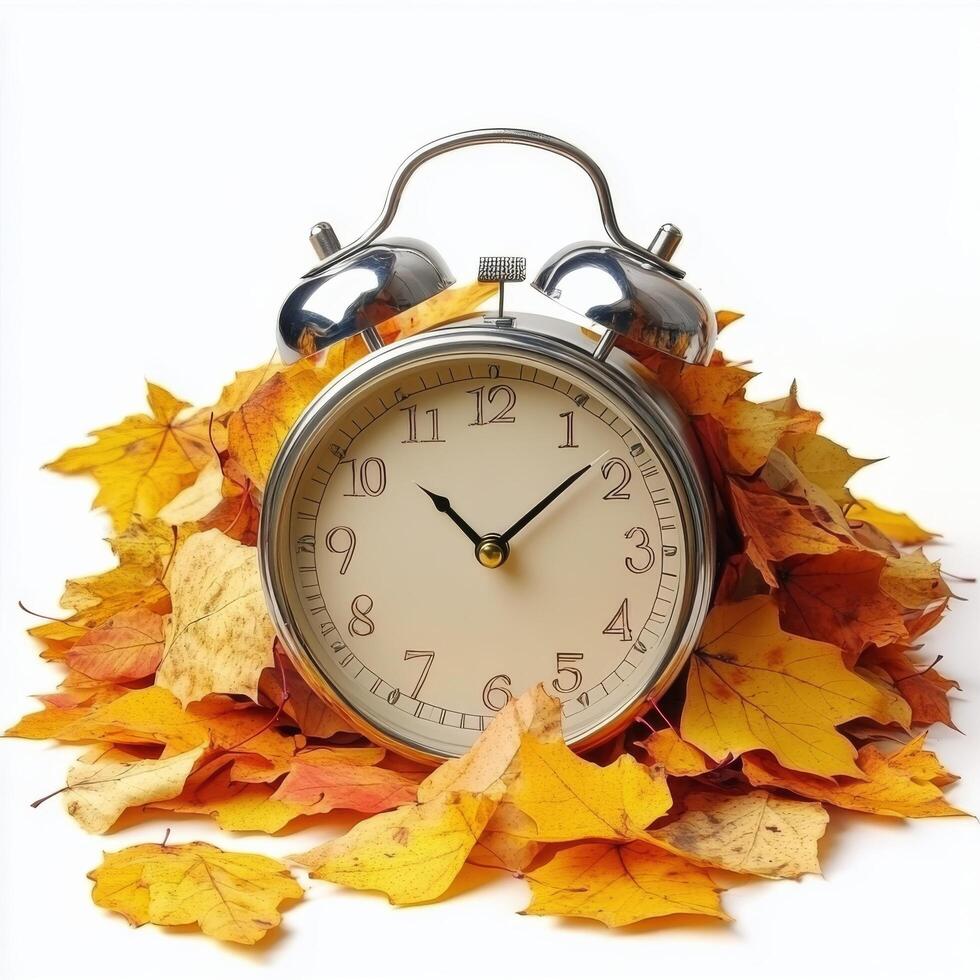 An alarm clock surrounded by colorful autumn leaves showcasing the arrival of fall photo