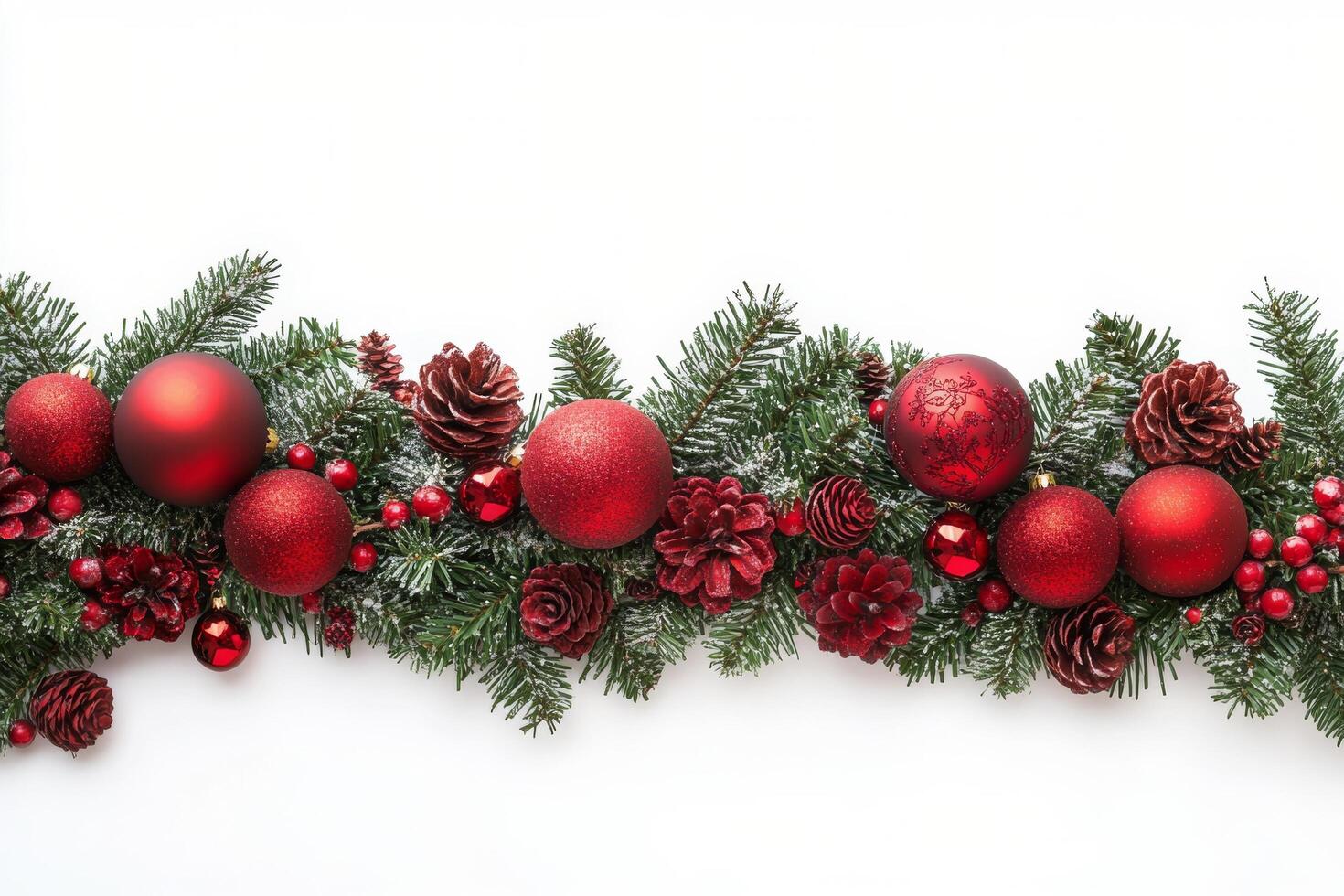 Festive arrangement of red and gold ornaments with pine cones and foliage for holiday decoration photo