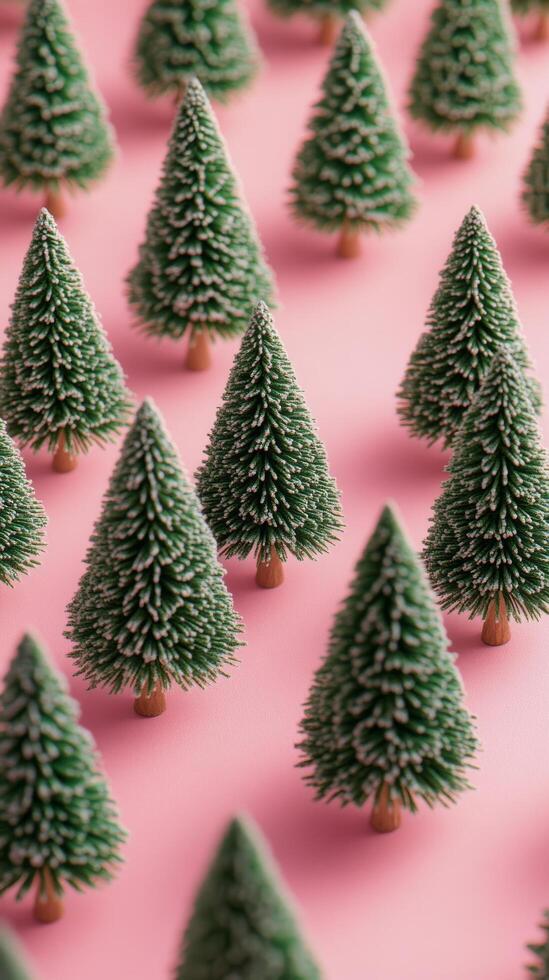 Miniature evergreen trees arranged on a soft pink surface with uniform spacing in daylight photo