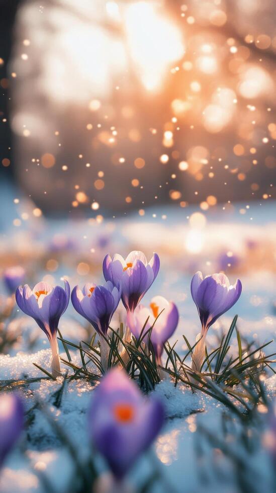 Crocuses bloom through the snow in early spring as sunlight filters in the background photo