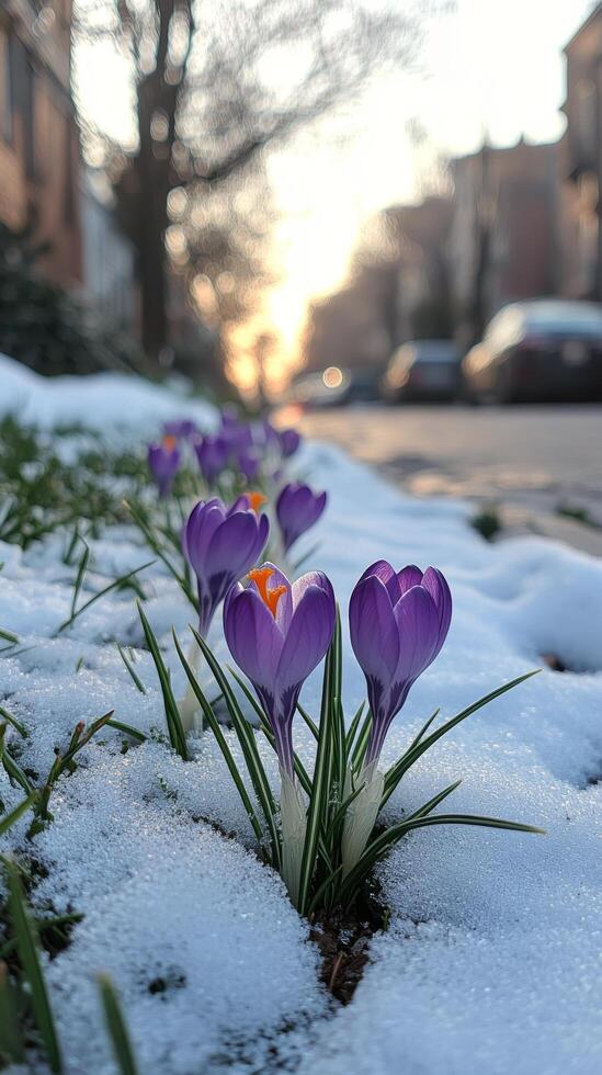 Crocuses bloom through the snow in early spring as sunlight filters in the background photo